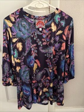 Johnny Was Black Floral Scoop Neck Tunic with Multicolor Blooms